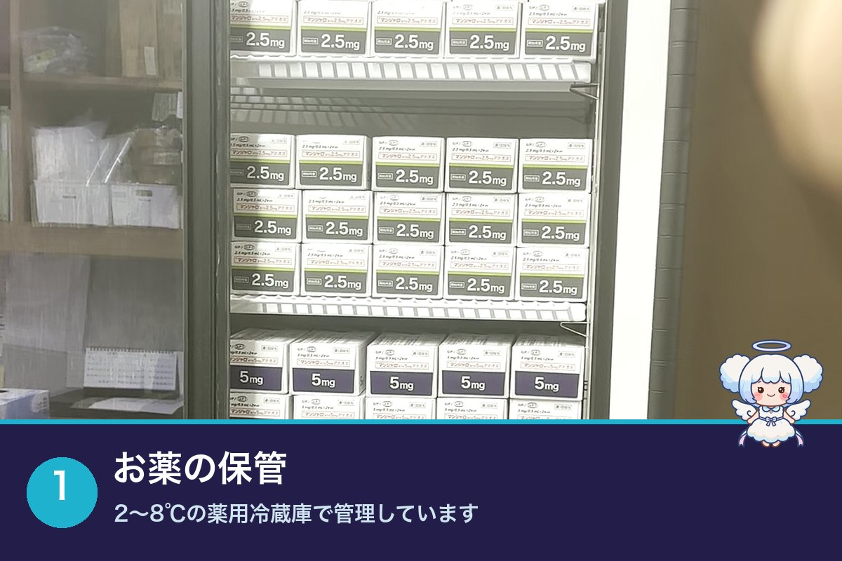薬用冷蔵庫でマンジャロを2〜8℃に保管している提携薬局の様子