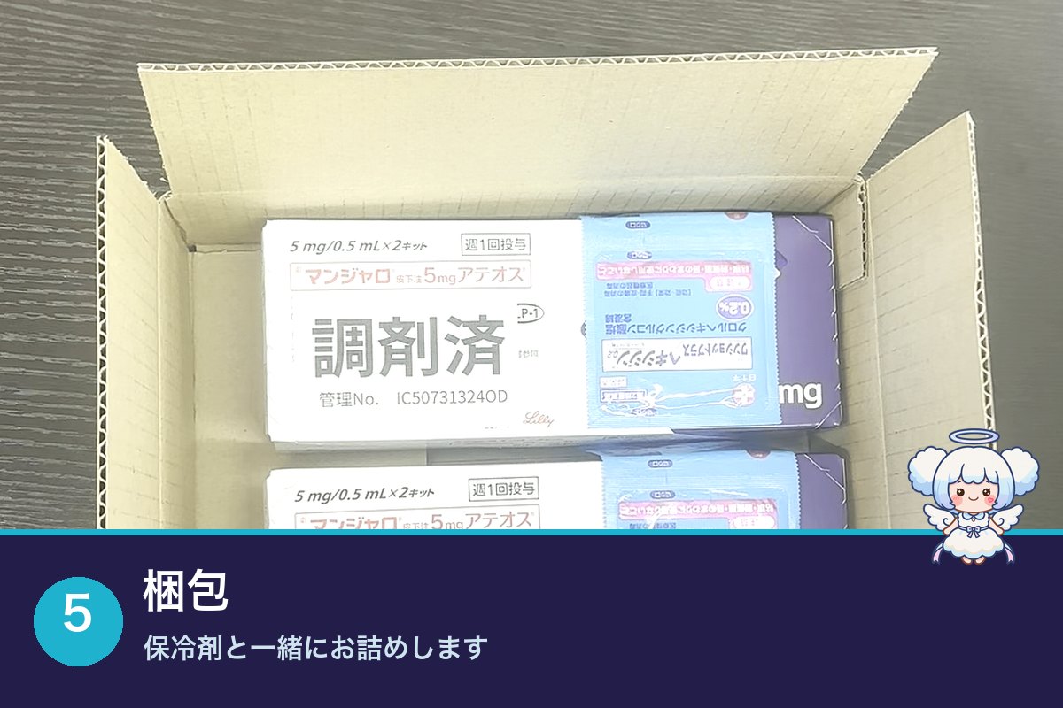 消毒用の綿とともにマンジャロを段ボール箱へ梱包する様子