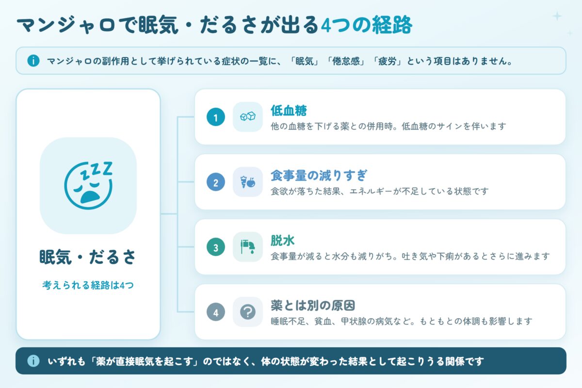 マンジャロの副作用一覧に眠気・倦怠感・疲労の項目はない。眠気やだるさが出る経路として、他の血糖を下げる薬との併用による低血糖、食事量の減りすぎ、脱水、睡眠不足や貧血など薬とは別の原因の4つが考えられる。いずれも薬が直接眠気を起こすのではなく、体の状態が変わった結果として起こりうる関係。
