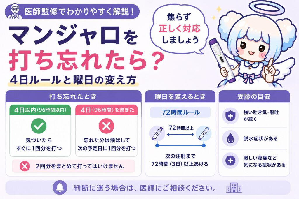 マンジャロを打ち忘れたときの対応を解説する記事のアイキャッチ