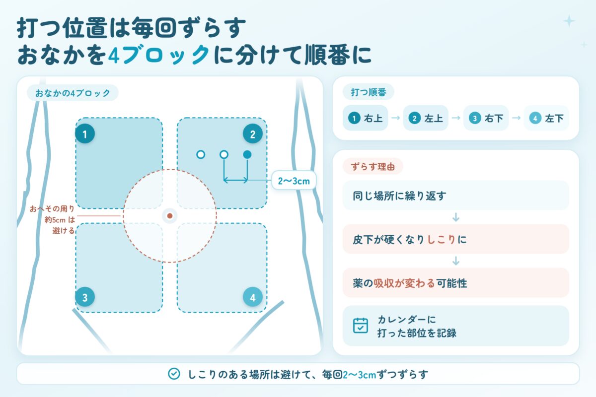 おなかを右上・左上・右下・左下の4ブロックに分け、この順で打つ位置をずらす図。同じ場所に繰り返すと皮下が硬くなってしこりになり、薬の吸収が変わる可能性があるため、毎回2〜3センチずらして記録する。