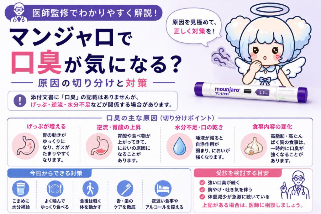 マンジャロ使用中の口臭の原因と対策を解説する記事のアイキャッチ