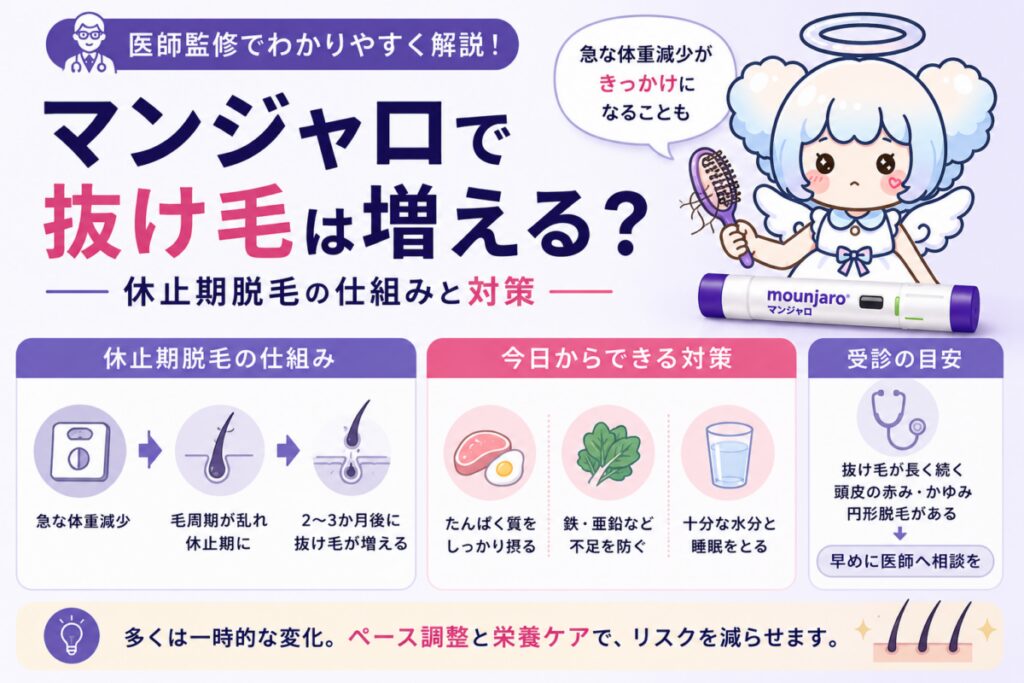 マンジャロ使用中の抜け毛の仕組みと対策を解説する記事のアイキャッチ