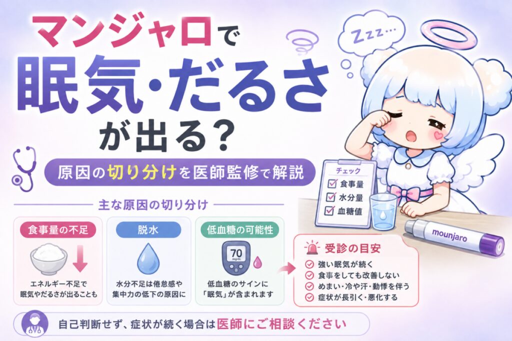 マンジャロ使用中の眠気とだるさの原因を解説する記事のアイキャッチ