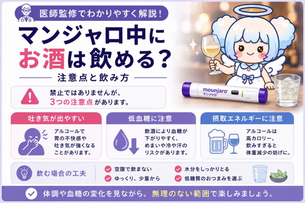 マンジャロ使用中の飲酒の注意点を解説する記事のアイキャッチ